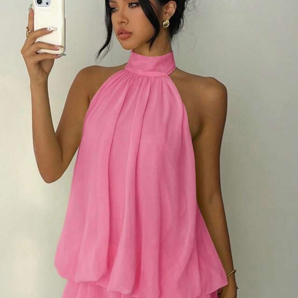 Pink Halter Chiffon Layered Mini Dress/ romper - Picture 6 of 8